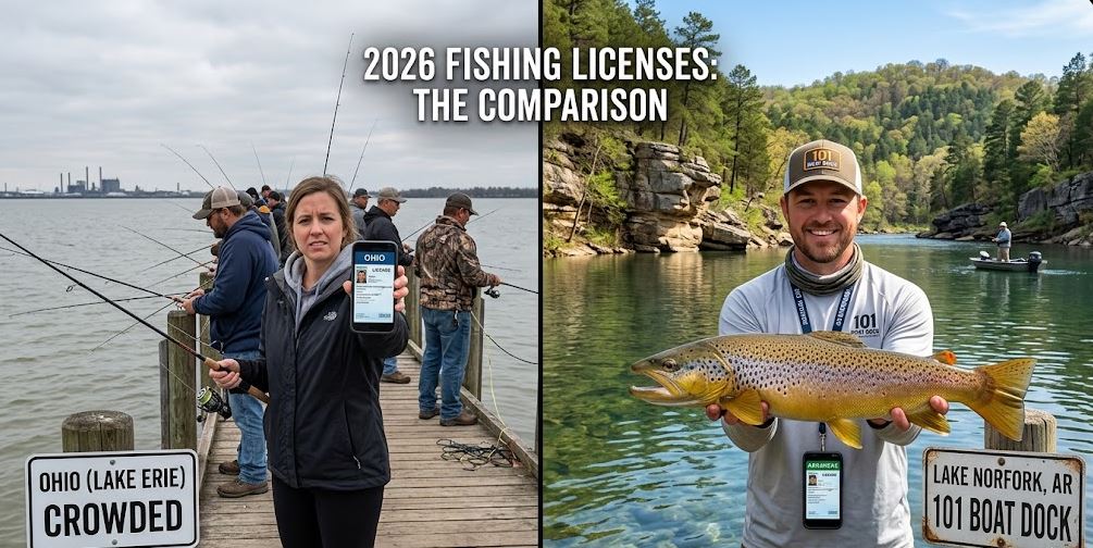 A vertically split-screen photograph comparing fishing license experiences in 2026. On the left, an overcast Ohio Lake Erie scene with a crowded pier and an angler holding a phone displaying 'OHIO' and 'LICENSE'. On the right, a sunny Lake Norfork, AR scene near 101 Boat Dock with rugged Ozark cliffs, clear water, and a smiling angler holding a trophy Brown Trout and a phone with 'ARKANSAS' and 'LICENSE'. Both signs ('OHIO (LAKE ERIE) CROWDED' and 'LAKE NORFORK, AR 101 BOAT DOCK') and '101 BOAT DOCK' branding on the hat are visible and legible.