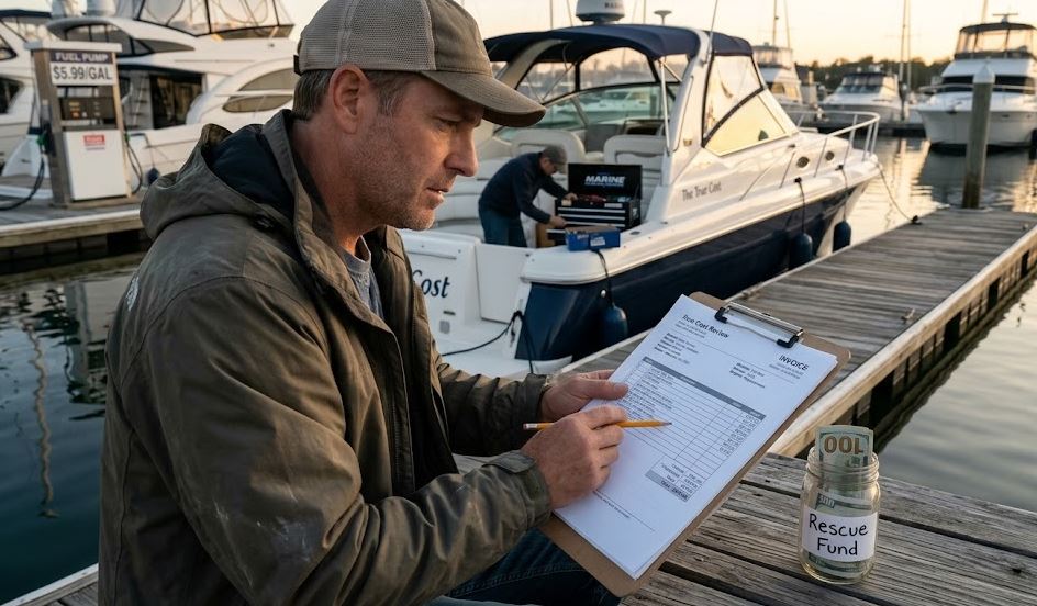 A realistic photograph of a concerned boat owner in 2026, sitting on a weathered marina dock. He is reviewing a detailed invoice labeled "True Cost Review," pointing at high maintenance and marina fees. His power cruiser, "The True Cost," is moored behind him, with a mechanic visible working on the engine. Beside his clipboard is a "Rescue Fund" jar holding cash, symbolizing the 10% rule and hidden expenses discussed in the article.