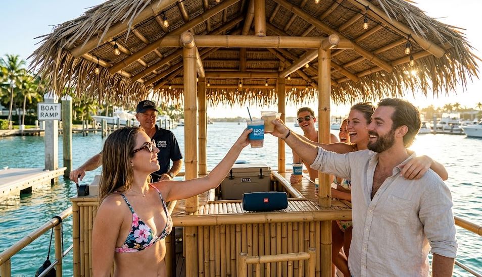 A medium close-up of friends raising a toast with custom 'SOCIAL BOATING' cups on a tiki pontoon boat, which features bamboo poles, string lights, and a thatch roof. They are laughing in the warm, golden hour sun near a coastal marina, visually capturing the humor and value discussed in the article 'Forget Fishing: Why Tiki Boats and Dragon Racing are 2026’s Hottest Water Trends' for the US market.
