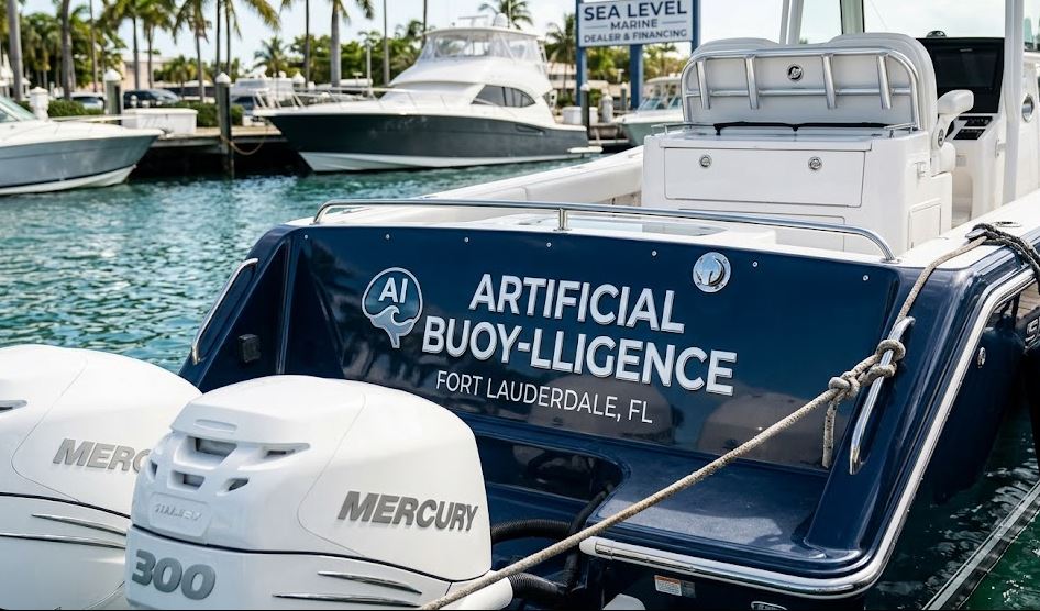 A modern boat transom with 'ARTIFICIAL BUOY-LLIGENCE' written in white letters as the main name, and 'FORT LAUDERDALE, FL' below.