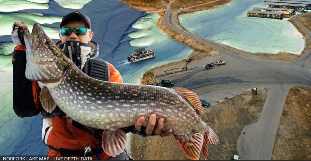 A professional fisherman showing off a catch in close-up, with a bathymetric map of Norfork Lake in the background, highlighting contour lines and boat ramps