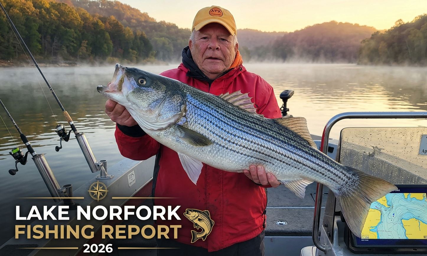 Norfork Lake fishing report cover image for April 9, 2026, showing an angler catching a bass at sunrise near Henderson Bridge.