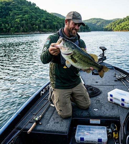 A sport fisherman on Norfolk Lake showing off a freshly caught Largemouth Bass and weighing it on the deck of a Nitro boat