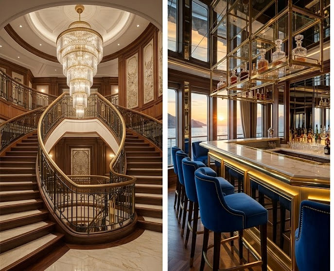 An intimate fine dining table for two at 'Le Relais' restaurant aboard the Orient Express boat Corinthian, with elegant velvet seating