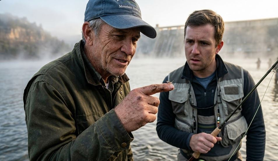 Local Arkansas fly fishing guide teaching a client local slang and proper midge technique on the misty Norfork Tailwater.