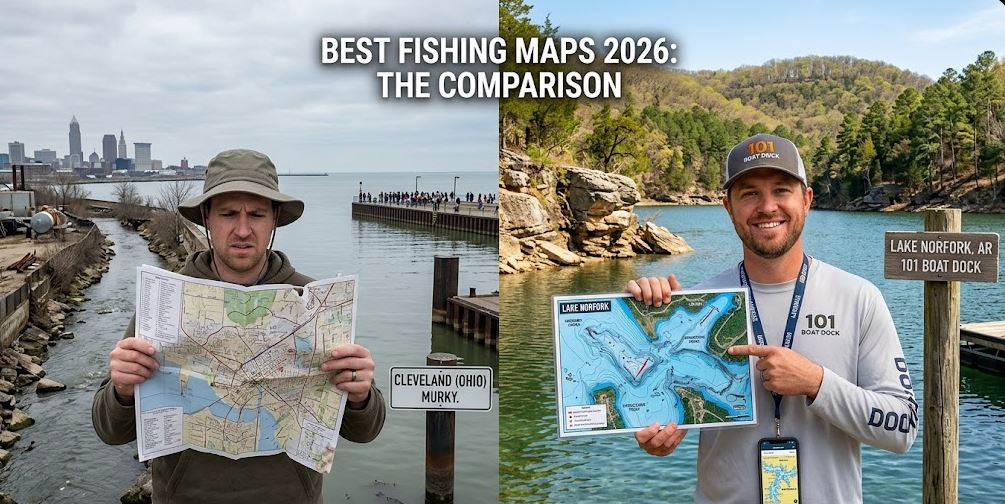 A vertically split-screen image comparing fishing map experiences in 2026. On the left, an overcast Cleveland Lake Erie scene with a slightly frustrated angler holding a confusing urban map near murky water and industrial elements (labeled 'CLEVELAND (OHIO)')