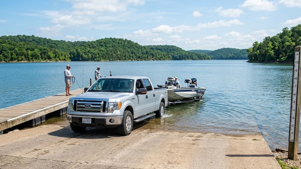A sharp, daytime photograph of a pickup truck launching a fishing boat from a concrete boat ramp into the clear blue water of Norfork Lake, surrounded by forested Ozark hills. A water level gauge is visible next to the courtesy dock.