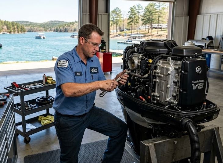 Certified marine mechanic working on a Mercury Verado V8 outboard motor in a marina workshop overlooking Lake Norfolk, Arkansas
