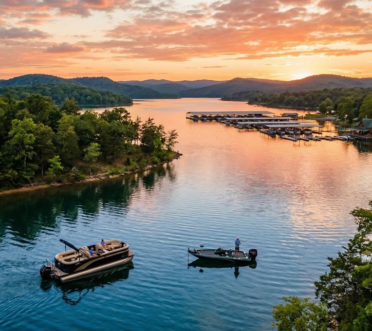 Cinematic aerial drone shot of Norfork Lake, Arkansas, showing pontoon boat rentals and fishing boats near the 101 Boat Dock marina at sunset in the Ozark Mountain