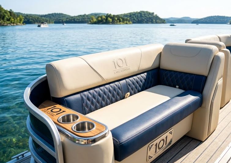 Detail of luxury seats with diamond stitching and '101' branding on a premium boat in Norfolk Lake; professional travel photography highlighting the quality of marine furnishings