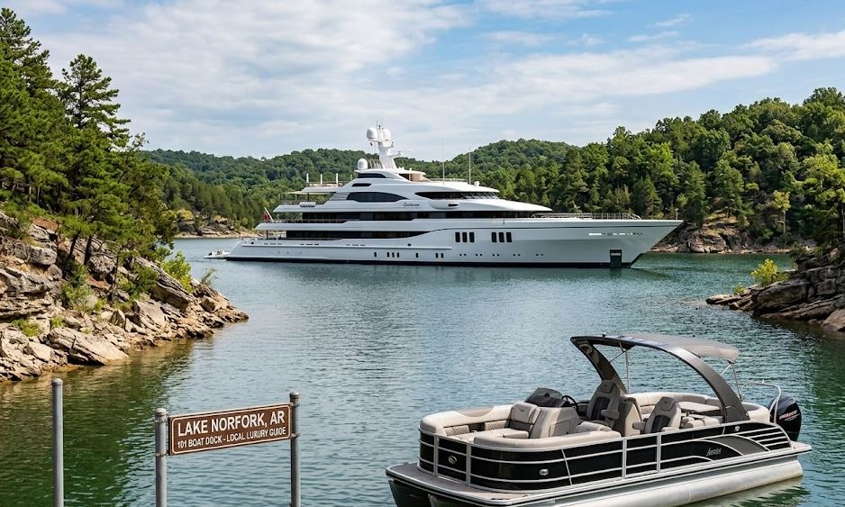 A high-resolution photo showing the spectacular 86m superyacht Ecstasea incredibly anchored in a wide, serene reach of Lake Norfork, Arkansas, surrounded by rugged Ozark cliffs, juxtaposing global scale with local beauty. A local luxury guide sign is visible.