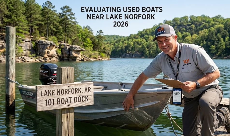 A vertically split-screen photograph. The left side, under slightly murkier water and cooler light, shows a close-up of a generic boat engine prop with a small dent. A generic hat has illegible branding. The right side, under bright, clear water and warm Ozark light near 101 Boat Dock, shows an expert wearing a '101 BOAT DOCK' hat performing a precise pre-purchase inspection on a well-maintained aluminum boat's hull, actively checking the keel