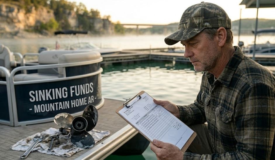 A serious Norfork Lake owner reviews a localized repair invoice at Jordan Marina AR, with a used tri-toon boat named 'Sinking Funds' showing lower unit damage nearby, golden hour mist.