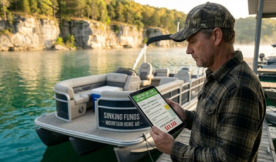 A serious Norfork Lake local runs customized 2026 numbers using a specialized boat ownership cost calculator on a tablet at Tracy Ferry Marina, with rugged bluffs visible under golden-hour mist and a used tri-toon boat tied nearby.