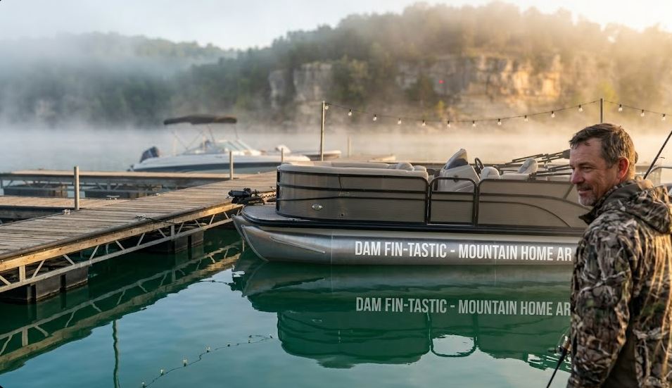 A sharply detailed, photorealistic photograph captured early morning at Tracy Ferry Marina on Norfork Lake, Arkansas, shows a tri-toon boat named 'DAM FIN-TASTIC - MOUNTAIN HOME AR' in a large white decal on its hull. The boat is tied to a misty dock. A local man in a camouflage jacket looks toward the boat with a slight, knowing smile. Distant, blurred limestone bluffs and forested hills are visible through the mist. String lights on the marina structure are just starting to fade.
