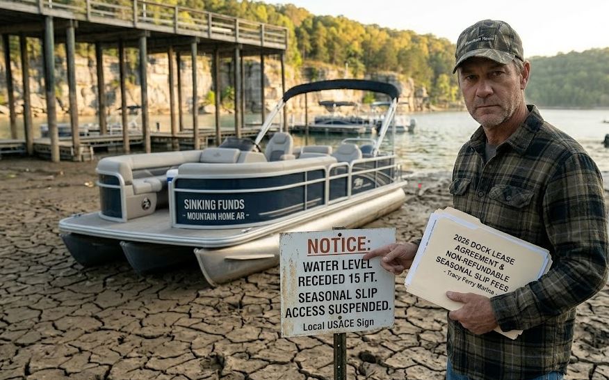 A serious Norfork Lake owner stands on receded mud at Tracy Ferry Marina, reviewing unexpected costs on a clipboard with a beached tri-toon boat named 'Sinking Funds' tied nearby, golden morning light mist.