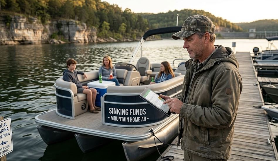 A family relaxes on a tri-toon boat named 'Sinking Funds' at Jordan Marina, Norfork Lake, AR, as the owner checks costs in golden afternoon light, with rugged bluffs and the dam in the blurred background.