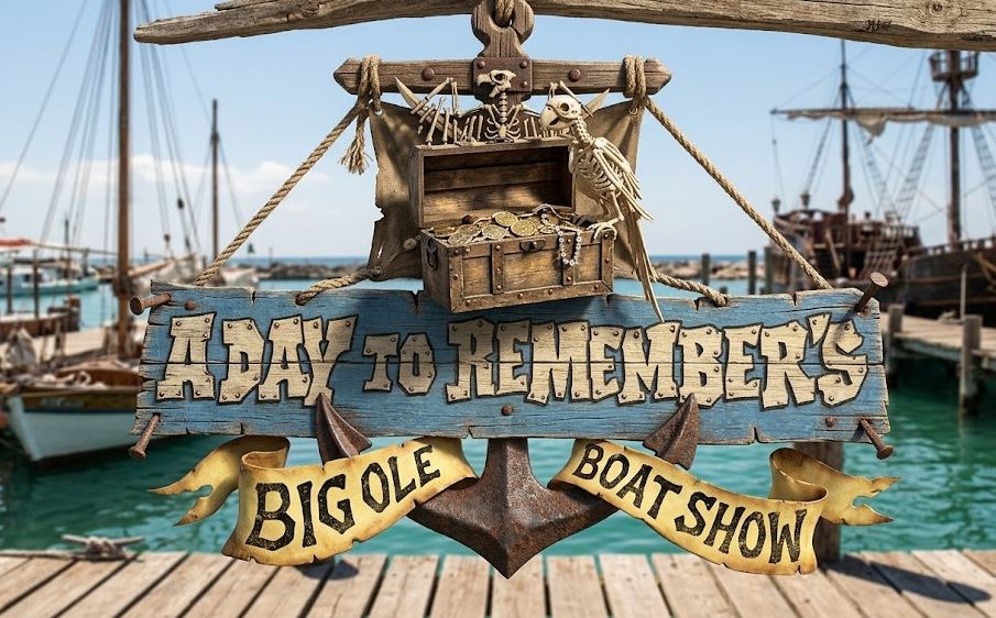 Official lineup poster for Big Ole Boat Show 2027 featuring A Day To Remember, Knocked Loose, and The Devil Wears Prada at a tropical pier in Miami