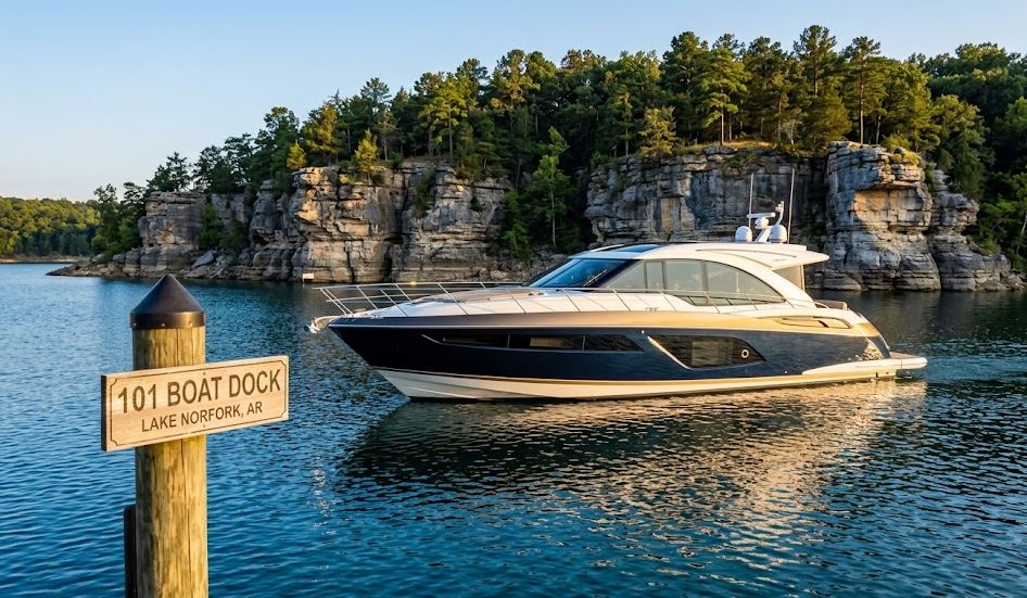 A cinematic, professional outdoor photograph of a high-end contemporary luxury motor yacht, inspired by the 'Orient Express' aesthetic (sleek lines, dark blue hull, and gold accents), cruising on the crystal-clear deep blue waters of Lake Norfork, Arkansas.