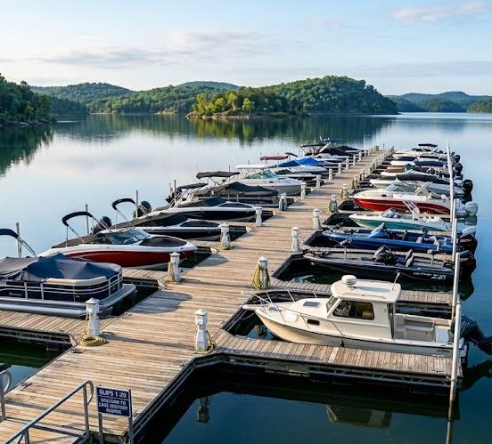 Panoramic view of a clean nautical pier with numbered slips and boats of different types (pontoons and launches) under a clear sky at Norfolk Lake