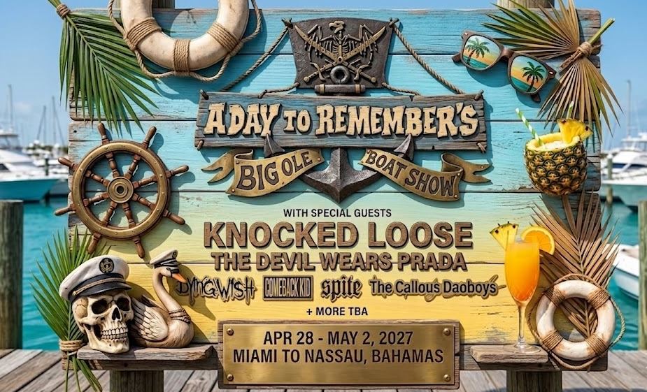 Realistic wooden sign of A Day To Remember's Big Ole Boat Show 2027 cruise featuring a pirate anchor and treasure chest at a sunny marina