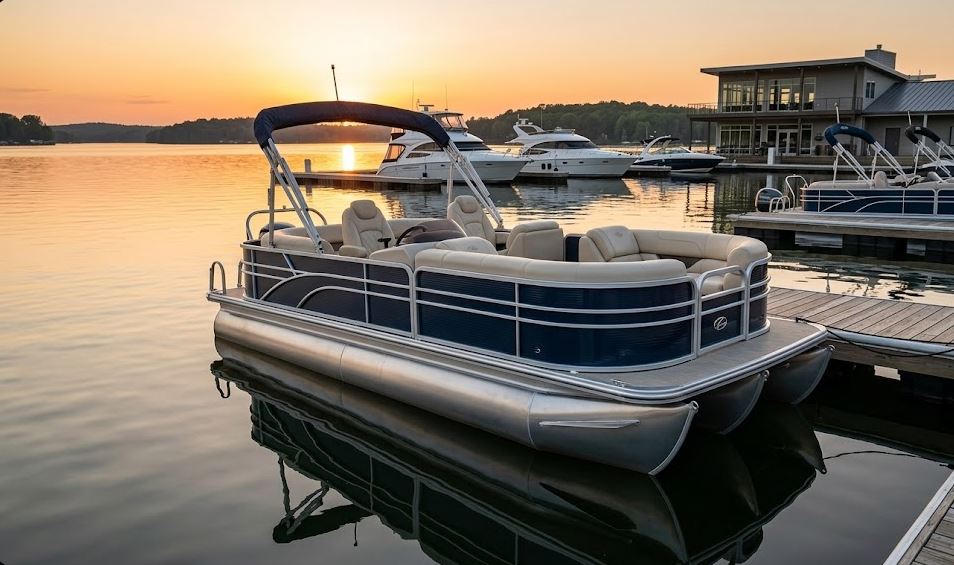 Meticulously maintained luxurious pontoon boat docked at a high-end serene lake marina during golden hour sunset, showing polished aluminum hulls and premium cream upholstery.