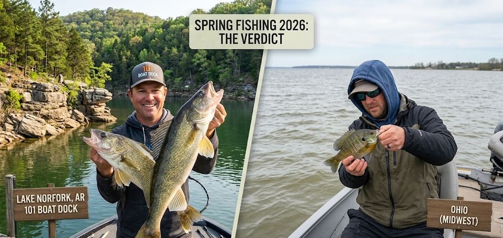 An expert angler holding a trophy Walleye at Lake Norfork, Arkansas, compared to typical Ohio spring fishing conditions.