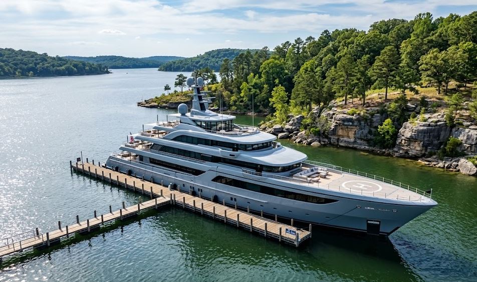 A surreal photo showing the massive 72m Stella Maris megayacht, built by Feadship, incredibly docked at a small wooden pier on Lake Norfork, Arkansas, near 101 Boat Dock.