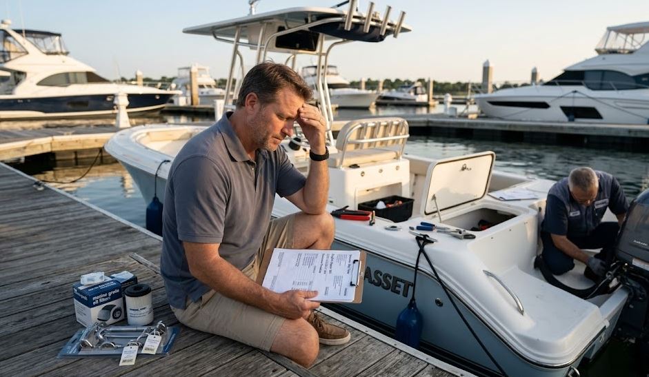 A realistic photograph of a concerned boat owner in 2026, sitting on a marina dock and reviewing a stack of expensive maintenance, repair, and slip fee invoices next to his power center console powerboat named "Liquid Asset." This perfectly visualizes the hidden cost of boat ownership discussed in the article.