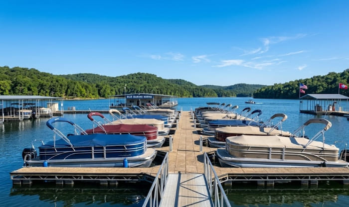An ultra-realistic, wide-angle horizontal photograph of Blue Diamond Marina on Norfork Lake, Arkansas. A long, neat row of modern pontoon boats is docked at clean floating piers under a brilliant, clear blue sky. The scene is framed by the rolling, forested hills of the Ozark Mountains in the background. The bright morning light highlights the sparkling blue water and the polished surfaces of the boats, perfectly illustrating the boating and rental facilities near Quarry Park Point. 16:9 aspect ratio.