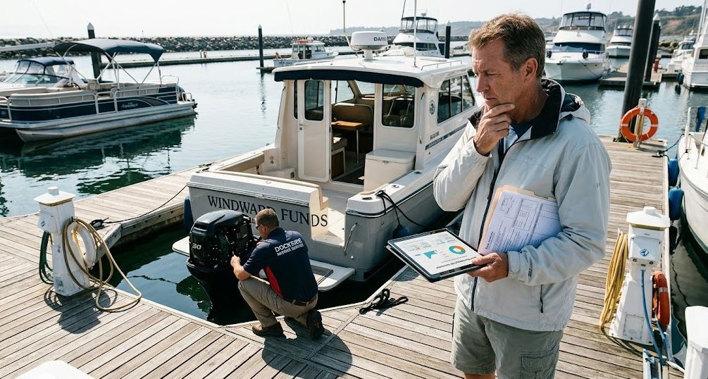 A concerned man on a harbor dock reviews a cost calculator on a tablet while a technician works on a boat engine.