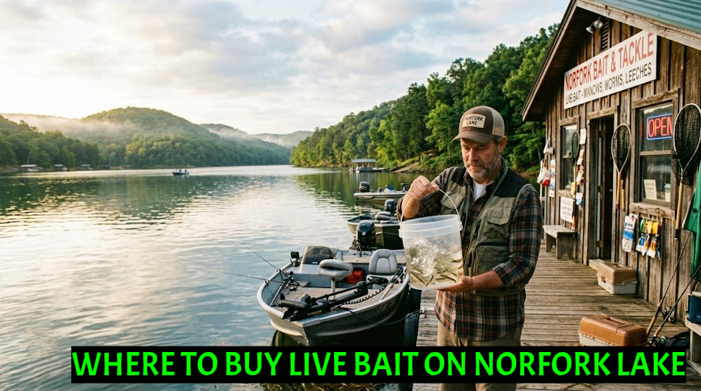A fisherman holding a bucket of live minnows on a wooden dock next to a bait and tackle shop at Norfork Lake, Arkansas, during a misty sunrise.
