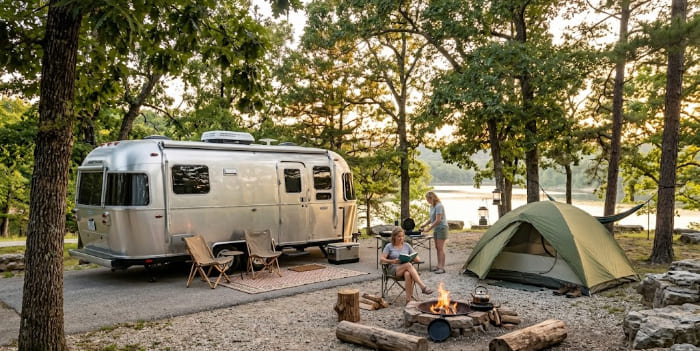 An ultra-realistic, horizontal medium shot of lifestyle camping at Dam Quarry Campground on Norfork Lake. The scene shows a polished Airstream travel trailer and a modern dome tent nestled under mature Ozark Mountains oak and pine trees during golden hour. A cozy campfire burns in a stone ring with wood logs. One person is comfortably seated reading a book, while another stands nearby tending to outdoor cooking gear. A view of calm Norfork Lake is visible through the trees, conveying deep peace and comfort. 16:9 aspect ratio.