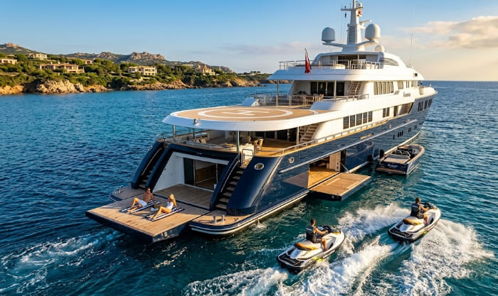 A high-angle realistic aerial view of the Ecstasea superyacht anchored in sapphire Mediterranean waters during golden hour, capturing the deployed teak swim platform/beach club and two guests actively riding branded jet skis, with the helipad visible on the aft deck, illustrating dynamic luxury onboard activities