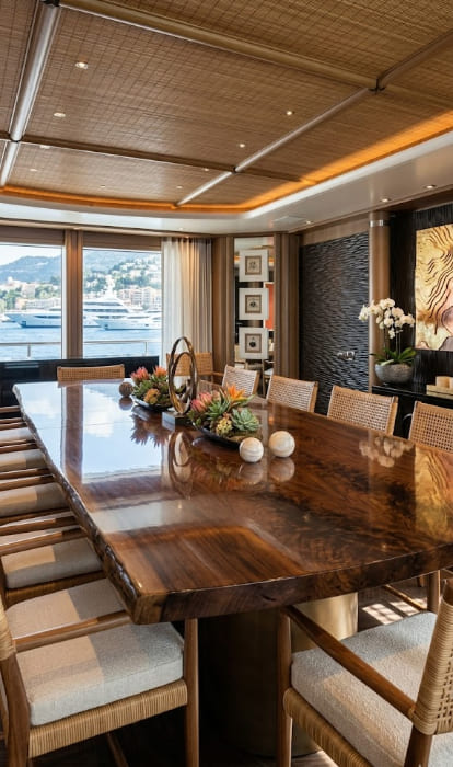 The formal dining area of the Ecstasea superyacht, featuring a custom live-edge wooden table and rattan chairs, designed by Terence Disdale with a panoramic view of the Mediterranean