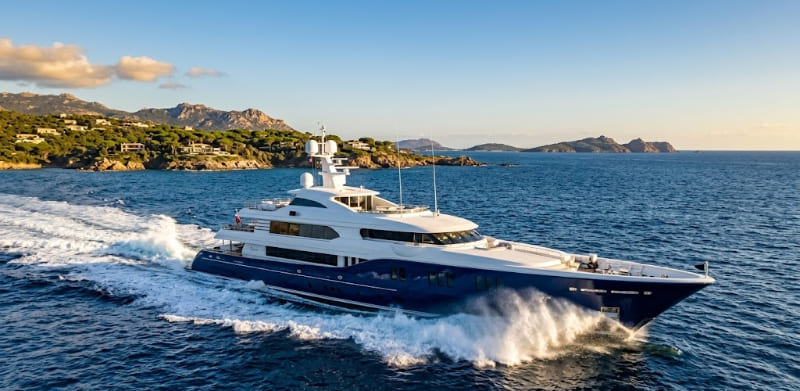 The Ecstasea superyacht cruising at 30 knots in the Mediterranean, showcasing its Feadship design and waterjet propulsion system