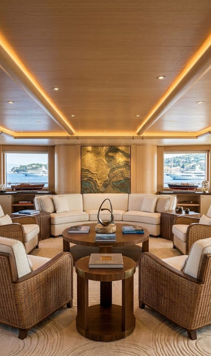 The luxury main saloon of the Ecstasea superyacht, featuring a contemporary 'beach-house chic' interior design by Terence Disdale with warm lighting and organic textures.