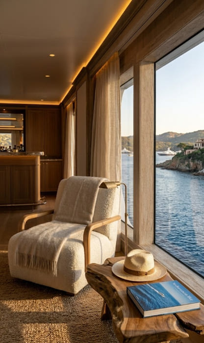 A cozy, sophisticated corner of the Ecstasea superyacht Sky Lounge at golden hour, featuring a cream boucle armchair, a bespoke driftwood table, and a panoramic window overlooking a Mediterranean coastline with other luxury yachts. This exemplifies the yacht's Terence Disdale-designed 'beach house chic' atmosphere.