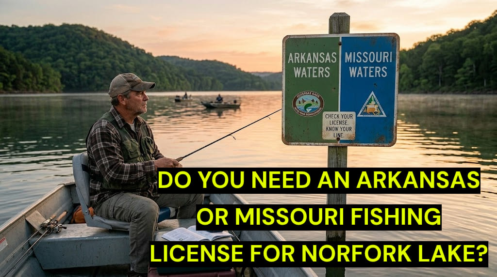A fisherman in a small boat on Norfork Lake at sunrise, positioned next to a sign marking the state boundary between Arkansas and Missouri waters to illustrate fishing license requirements.