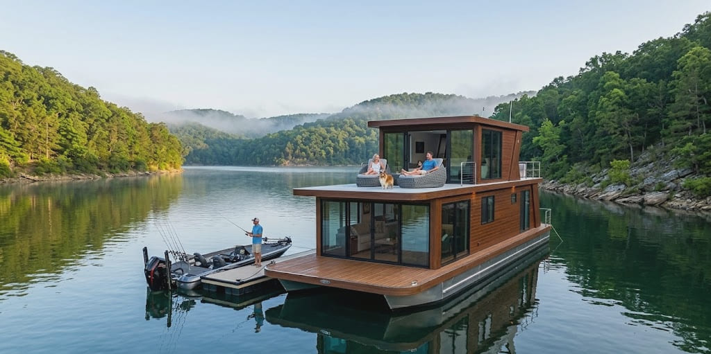 A luxury two-story houseboat rental on Norfork Lake with a private fishing boat attached, surrounded by misty green hills at sunrise.