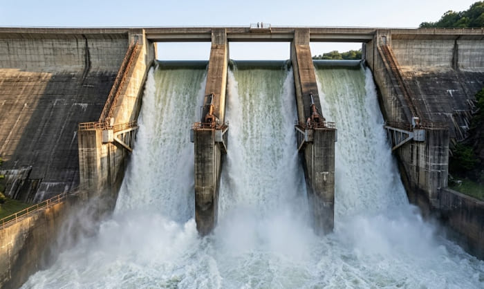 An ultra-realistic, dynamic close-up photograph capturing the massive concrete structure of Norfork Dam. Water is actively cascading powerfully down the open spillway gates, plunging into the turbulent tailwaters below. A tiny observation deck far above on the dam crest with microscopic figures emphasizes the immense scale. The shot highlights the weathered concrete textures and the crushing power of the water release during active generation. Forested Ozark slopes frame the side. 16:9 aspect ratio.