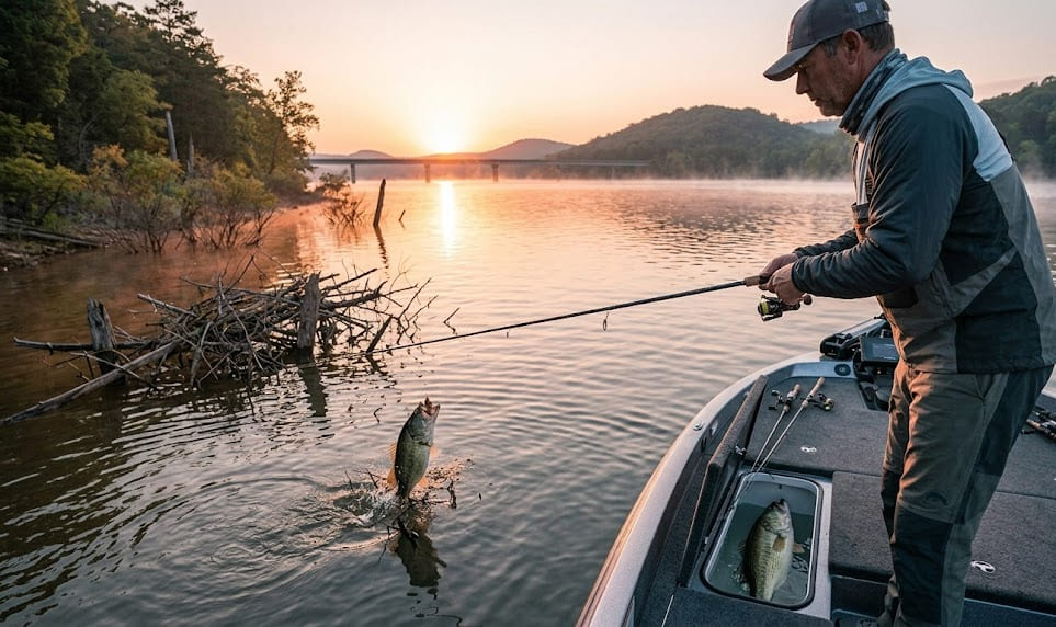 Norfork Lake fishing report cover image for April 9, 2026, showing an angler catching a bass at sunrise near Henderson Bridge.