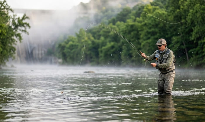 An ultra-realistic, horizontal medium shot of an angler fly fishing in the Norfork River tailwaters below the dam. The fisherman, wearing professional waders and gear, is captured in mid-cast with the fly line arching gracefully over the misty water during sunrise. In the background, lush green trees and the faint, majestic silhouette of the Norfork Dam are visible through the morning fog. The scene perfectly illustrates the premier Norfork Lake fishing spots for trout. 16:9 aspect ratio