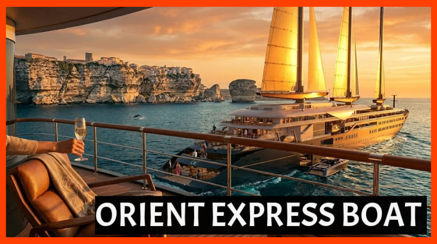 A luxury first-person view from the deck of the Orient Express boat Corinthian, showcasing its golden masts and the cliffs of Bonifacio at sunset.