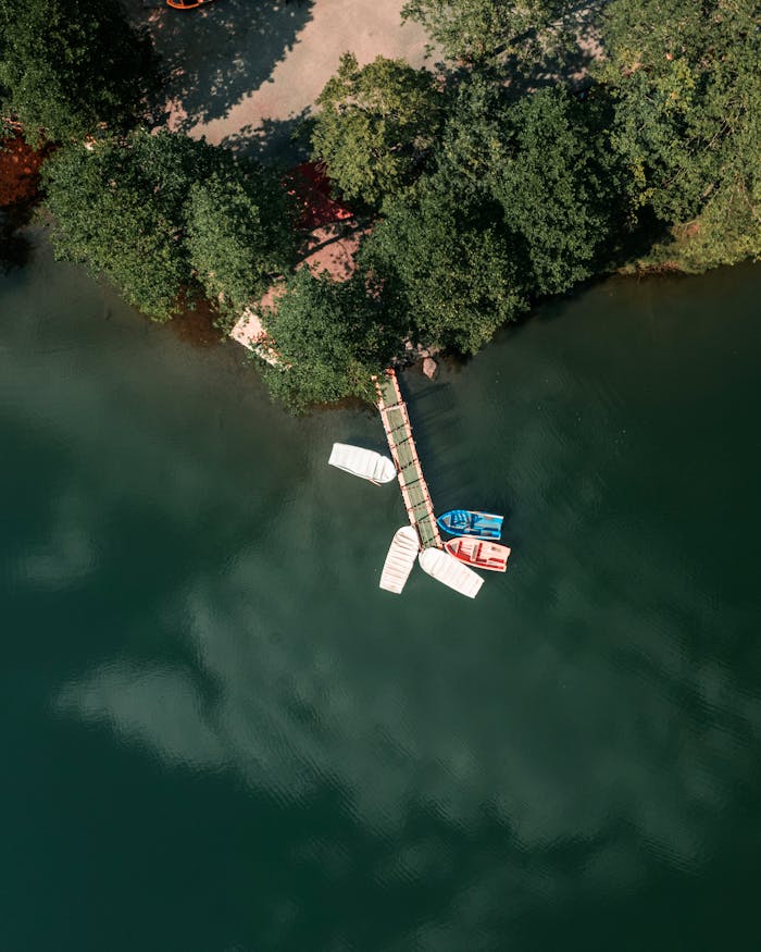 Scenic aerial view of boats at a dock in Borçka, Artvin, Türkiye.