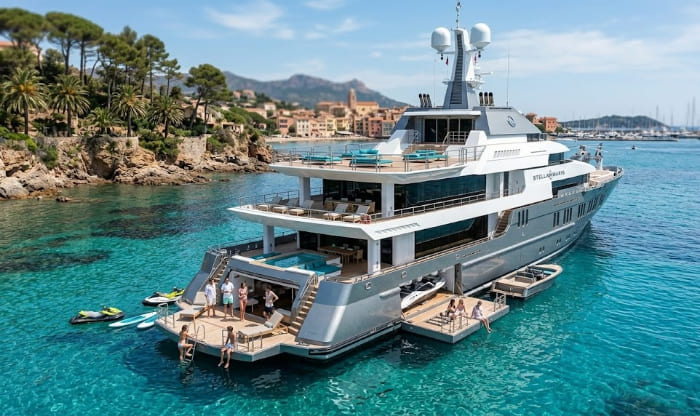 Guests enjoying the open beach club and extended swim platforms of the luxury Stella Maris yacht during a charter vacation in crystal clear waters, featuring water toys and a scenic coastal background.