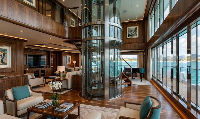 Luxury interior of the Stella Maris superyacht featuring polished wood, floor-to-ceiling windows, and the iconic central glass lift.