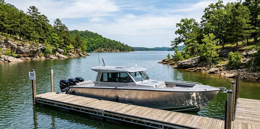 A 2026 Wama Yachts aluminum boat cruising near 101 Boat Dock on Lake Norfork, Arkansas